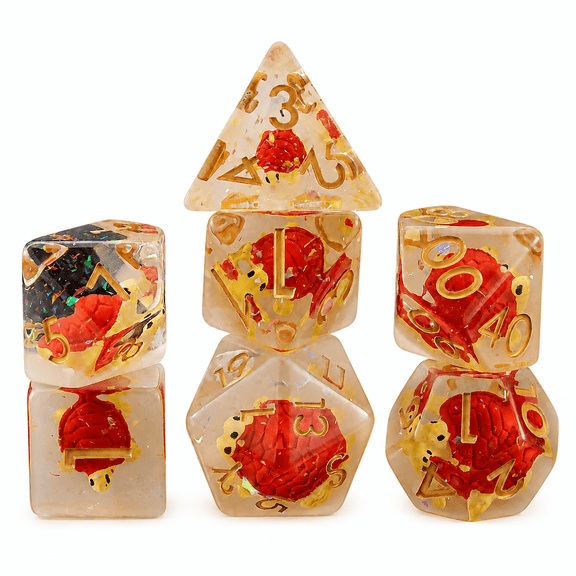 DND Dice Set 7Pcs Polyhedral Resin Dice, Orange Turtle Core RPG Dice with Gold Numbers for Tabletop Role Playing Games