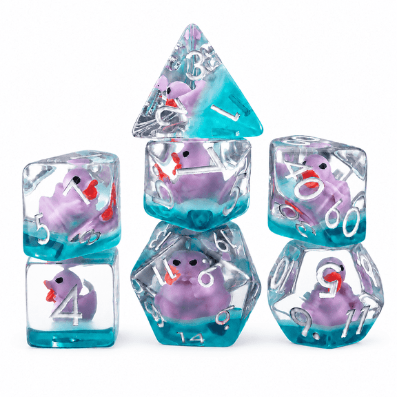DND Dice Set 7Pcs Polyhedral Resin Dice, Purple Duck Core RPG Dice with Silver Numbers for Tabletop Role Playing Games