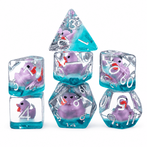 DND Dice Set 7Pcs Polyhedral Resin Dice, Purple Duck Core RPG Dice with Silver Numbers for Tabletop Role Playing Games