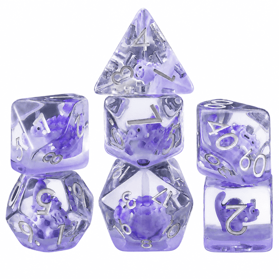 DND Dice Set 7Pcs Polyhedral Resin Dice, Purple Monster Core RPG Dice with Silver Numbers for Tabletop Role Playing Games