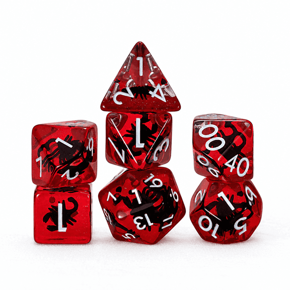 DND Dice Set 7Pcs Polyhedral Resin Dice, Red Scorpion Core RPG Dice with White Numbers for Tabletop Games