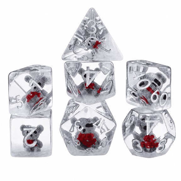 Polyhedral Resin Dice Set White Bear Core with Silver Numbers for Role Playing Games 7 Piece