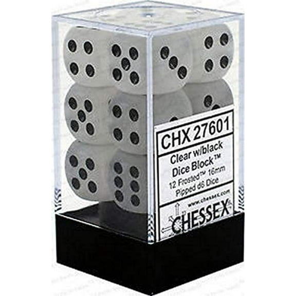 DND Dice Set-Chessex D&D Dice-16mm Frosted Clear and Black Plastic Polyhedral Dice Set-Dungeons and Dragons Dice Includes 12 Dice D6
