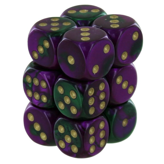 DND Dice Set-Chessex D&D Dice-16mm Gemini Green, Purple, and Gold Plastic Polyhedral Dice Set-Dungeons and Dragons Dice Includes 12 Dice  D6