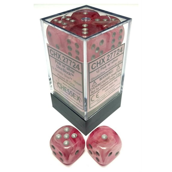 DND Dice Set-Chessex D&D Dice-16mm Ghostly Glow Pink and Silver Plastic Polyhedral Dice Set-Dungeons and Dragons Dice Includes 12 Dice – D6, Various (CHX27724)