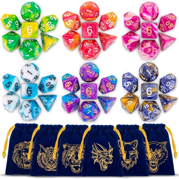 CiaraQ DND Dice Sets - 6 X 7 Polyhedral Dice (42pcs) with 6 Blue Drawstring Bags for Dungeons and Dragons, RPG, MTG,Role Playing Table Game