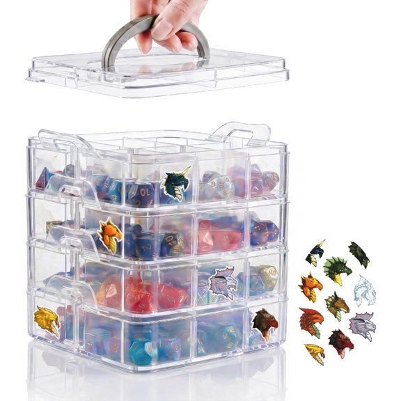 DND Dice Storage Box with Removable Dividers Polyhedral Dice Plastic Organizer Holding Up To 1200 Dices Craft Bead Compartment Container with Stickers for Sewing, Jewelry, Art, DIY
