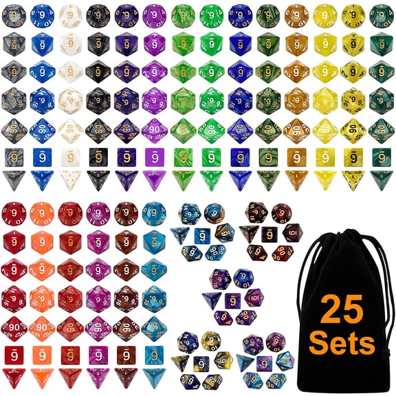 DND Double-Colors Polyhedron Dice Set for Dungeons and Dragons D&D RPG MTG Table Games D4 D6 D8 D10 D% D12 D20 25 Colors Dice with 1 Large Flannel Bag, 25 x 7 (175 Pieces)