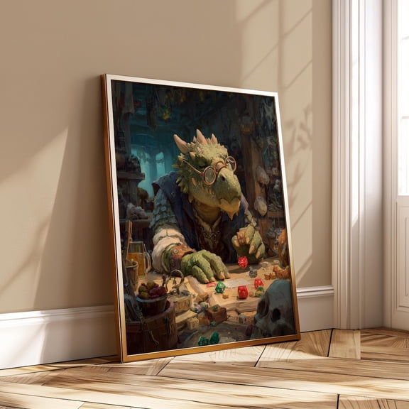 DND Dragon Dungeon Master Lizard Playing Dice Fantasy Art