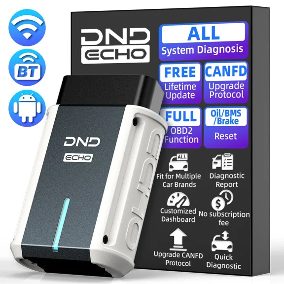 DND ECHO Bluetooth OBD2 Scanner - All System Wireless Car Diagnostic Tool for iOS & Android, Automotive Scan Tool with 3 Resets, Check Engine Vehicle Code Reader, Free Update OBDII Diagnsotic Scanner