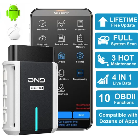 DND ECHO Bluetooth OBD2 Scanner - All System Wireless Car Diagnostic Tool for iOS & Android, Automotive Scan Tool with 3 Resets, Check Engine Vehicle Code Reader, Free Update OBDII Diagnsotic Scanner
