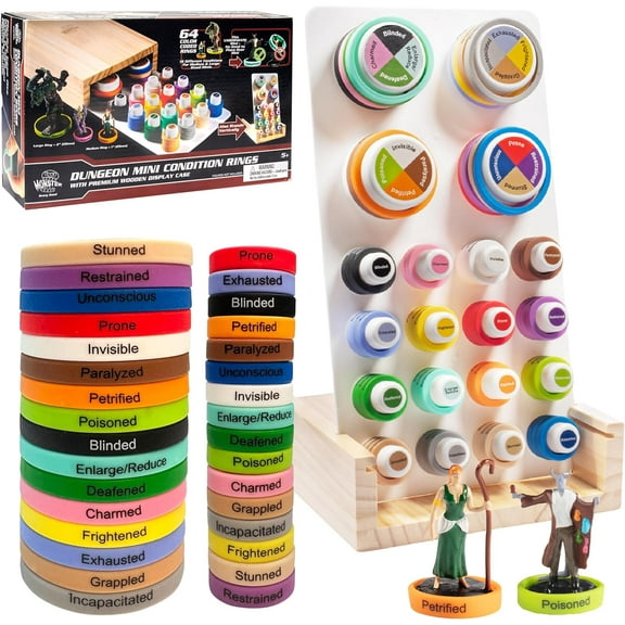 DND Flexible Condition Rings w Case (64 Rings for Standard & Large Mini Figures)- Easy Affix Base Slides Under Figure- PrePrinted w Status Effects- Works w Dungeons Dragons, Pathfinder & All RPG Games