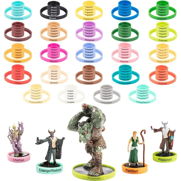 DND Flexible Status Effect Markers - 120 Rings, 24 Different Conditions- ONLY Brand that Fits Large and Standard Minis- For Dungeons Dragons Miniatures, Pathfinder & RPG Games- Easy Slides Under Bases