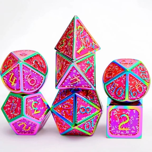 The DND Metal Polyhedral Dice Set, a 7-piece set, is perfect for Dungeons and Dragons role-playing board games and makes a wonderful holiday party gift and decoration.