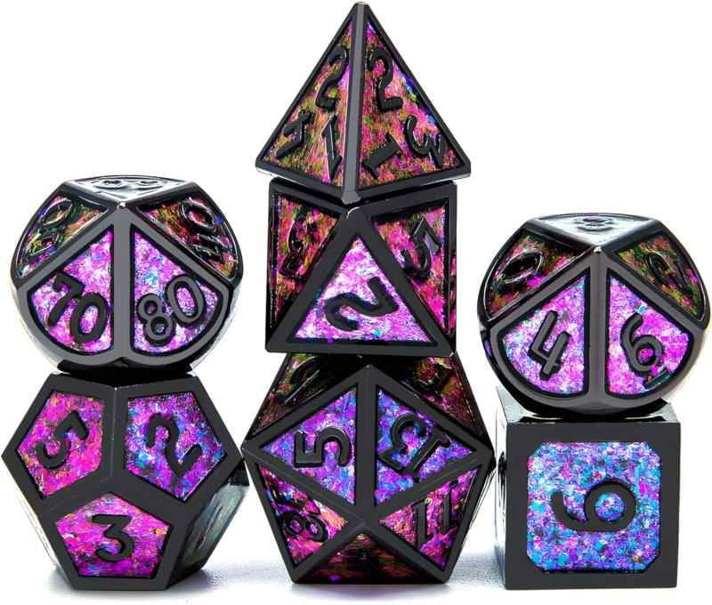 The DND Metal Polyhedral Dice Set, a 7-piece set, is perfect for Dungeons and Dragons role-playing board games and makes a wonderful holiday party gift and decoration.