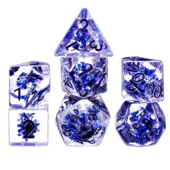 DND Polyhedral Dice Set – Blue Flower Core Transparent Resin, 7-Piece RPG Dice for DND & Tabletop Games