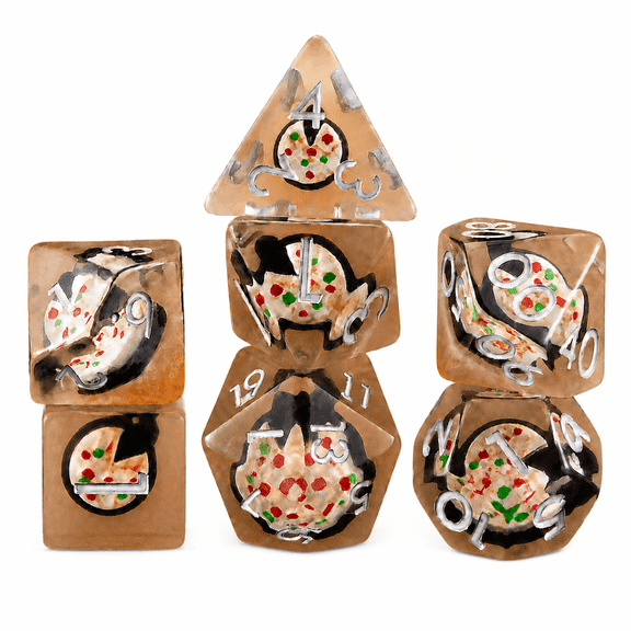 DND Polyhedral Dice Set – Pizza Core Transparent Resin, 7-Piece RPG Dice for Tabletop & DND Games