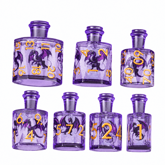 DND Potion Bottle Polyhedral RPG Dice Set, Purple Dragon Gold Numbers, Resin, 7 Pieces