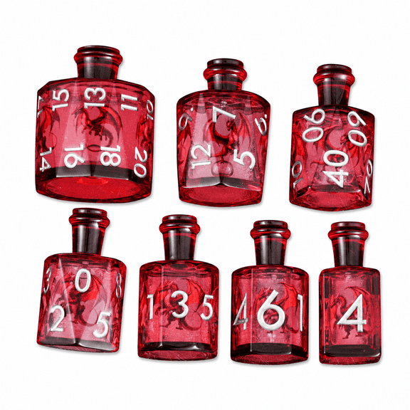 DND Potion Bottle Dice Set Red Dragon Resin Polyhedral Red Silver Numbers RPG 7 Pieces