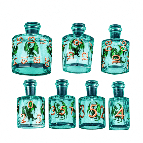 DND Potion Bottle Dice Set 7Pcs Resin Polyhedral Dice, Teal Dragon RPG Dice with Orange Numbers for Tabletop Fantasy Games