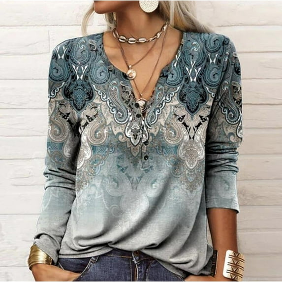DNDKILG Button Up Blouses for Women Long Sleeve Dressy Tops Clearance Western Womens Boho Shirts Spring Plus Size Dark Blue L