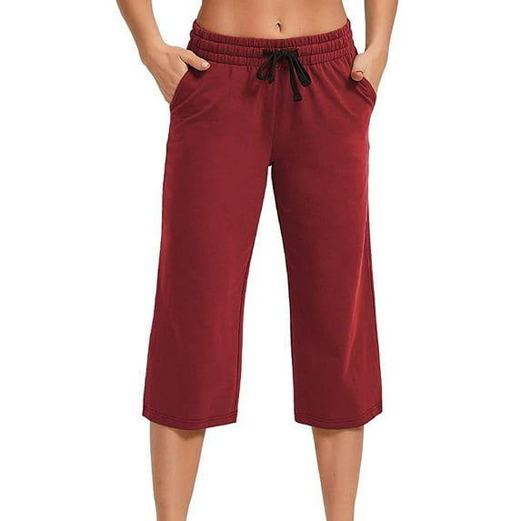 DNDKILG Dndkilg Women's Loose Cropped Gym Crop Pants Athletic Casual Summer Petite Capri Pants with Pockets Low Waist Pull on Capris Wine 2XL