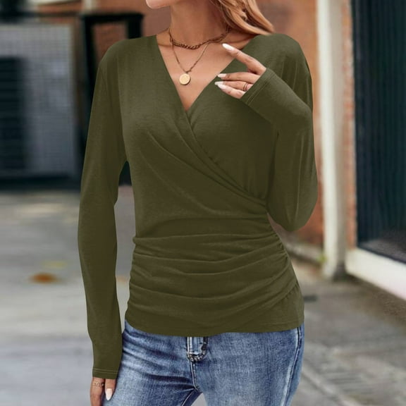 DNDKILG Women's Deep V Neck Slim Fitted Long Sleeve T-Shirt Front Wrap Ruched Tee Tops Army Green 2XL