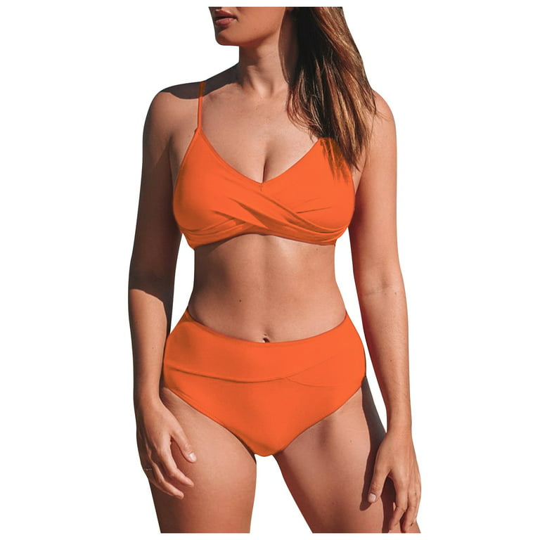 DNDKILG Women's Full Coverage Bikini Top Sexy Bikini Sets High Waisted  Bikini Bottom Solid Bathing Suit Two Piece Swimsuit Orange L 