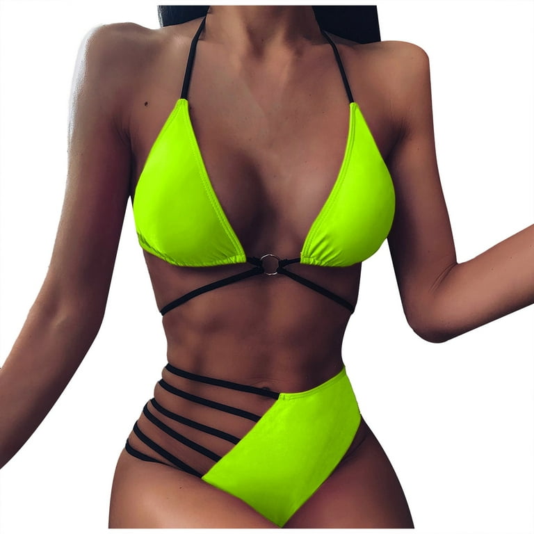 Fluorescent Green Fluo Green Swimsuit Women High Waist Bikini L