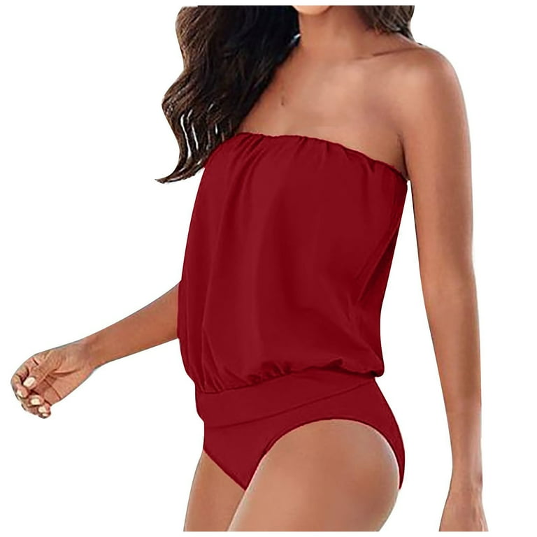 DNDKILG Women s Solid Tube Strapless Bathing Suit Tummy Control Swimwear One Piece Swimsuit Red XL
