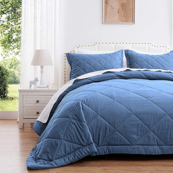 DNG Creations 1 Piece Diamond Pattern Comforter, 800 Thread Count, 100% Egyptian Cotton - Oversized Queen, Solid Medium Blue Color