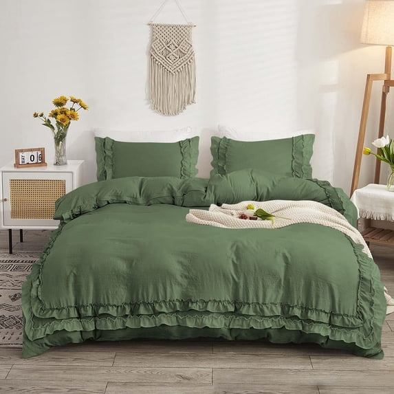 DNG Creations 1 Piece Double Ruffle Duvet Cover With Zipper Closure ( Solid Moss ) All-Season 100% Egyptian Cotton, 800 Thread Count ( Oversized Queen - Size )
