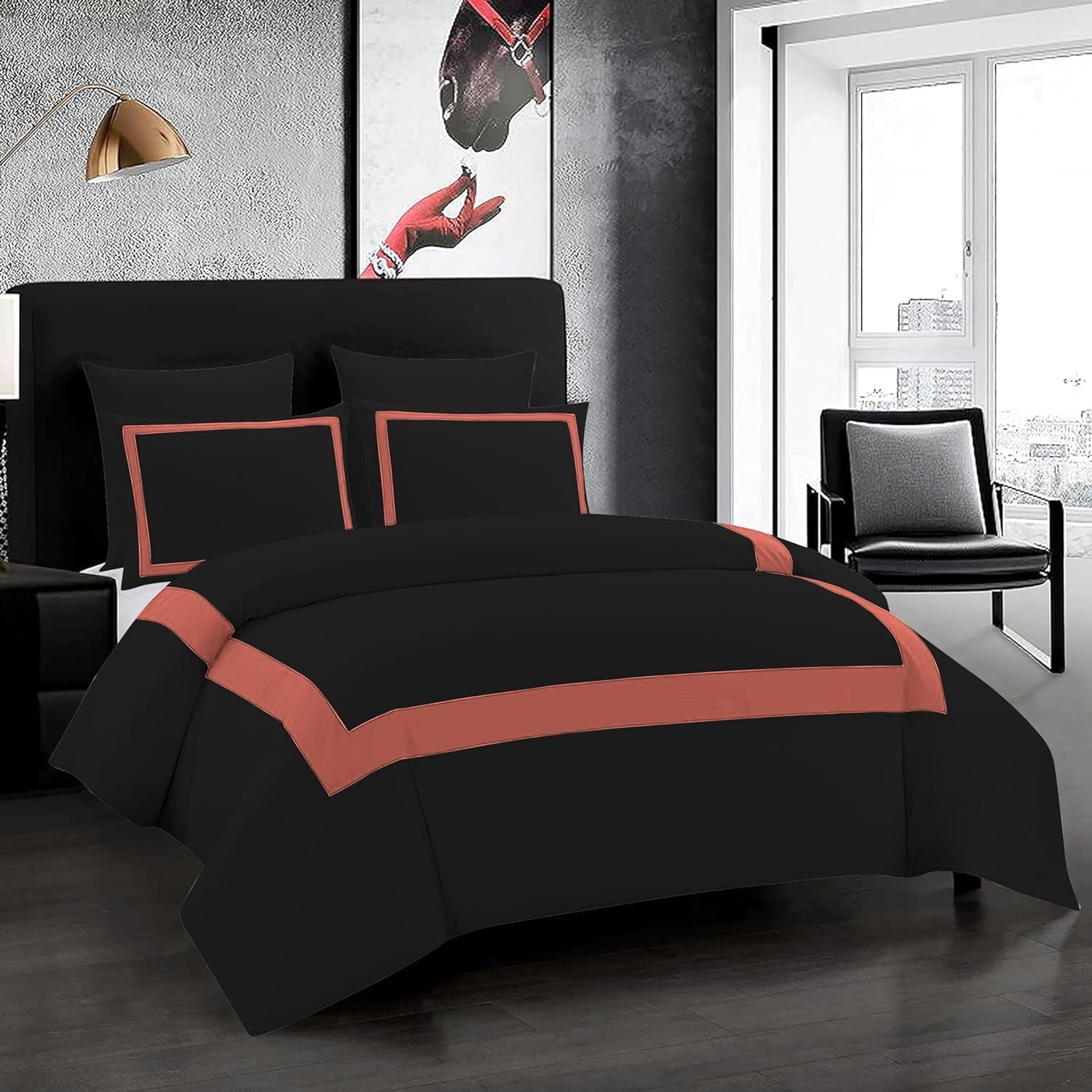 DNG Creations 1 Piece Full Black And Brick Red Border Line Pattern Duvet Cover - 100% Egyptian Cotton, 800 Thread Count ( California King )