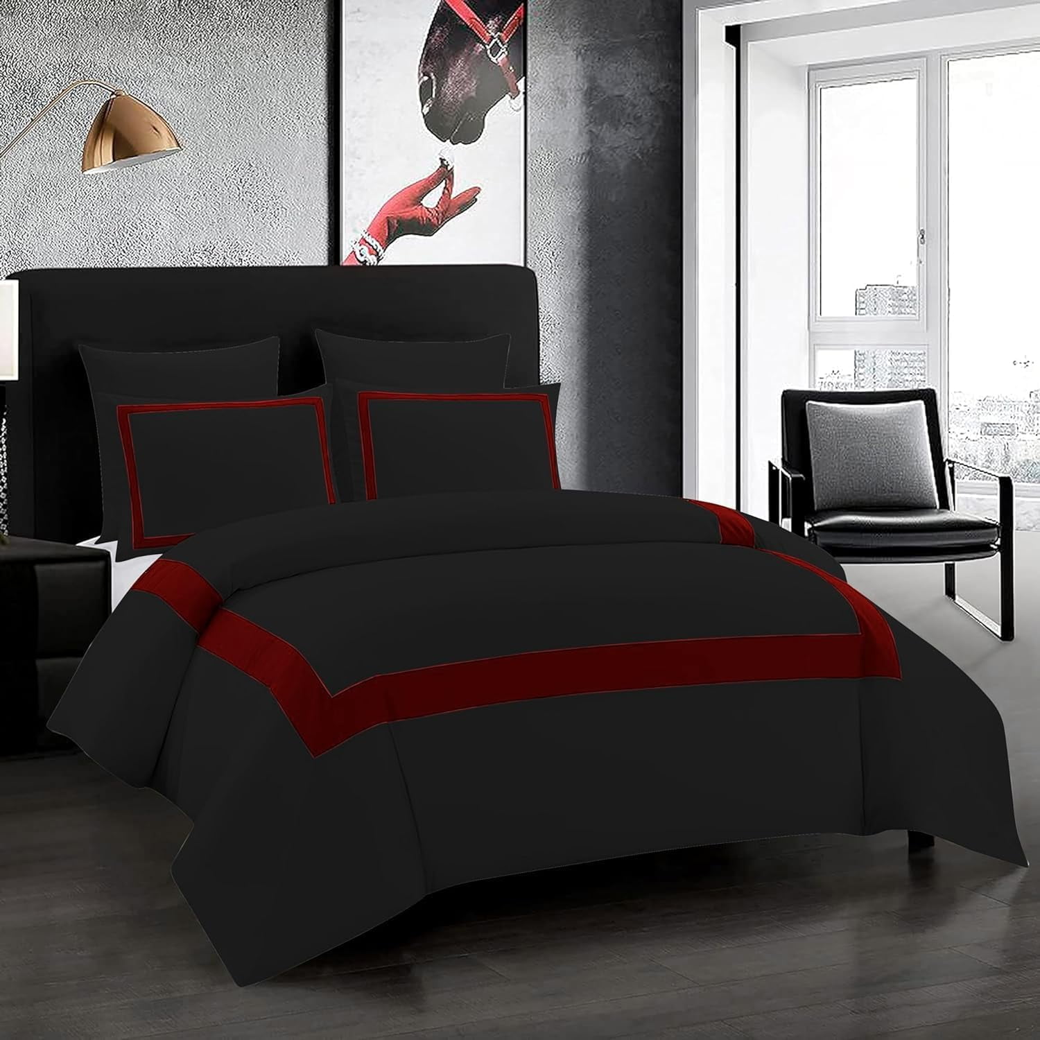 DNG Creations 1 Piece Full Black And Burgundy Border Line Pattern Duvet Cover - 100% Egyptian Cotton, 800 Thread Count ( Oversized King )