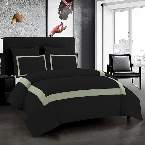 DNG Creations 1 Piece Full Black And Light Sage Border Line Pattern Duvet Cover - 100% Egyptian Cotton, 800 Thread Count ( Full/Queen )