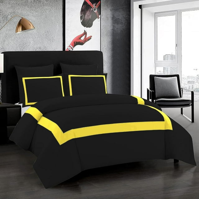 DNG Creations 1 Piece Full Black And Yellow Border Line Pattern Duvet Cover - 100% Egyptian Cotton, 800 Thread Count ( California King )