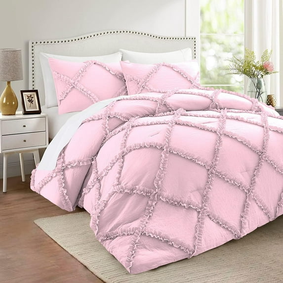 DNG Creations 1 Piece Luxurious Diamond Ruffle Comforter Super Soft, All Season Pintuck 800 Thread Count, 100% Egyptian Cotton, Oversized Super King Size Light Pink Color