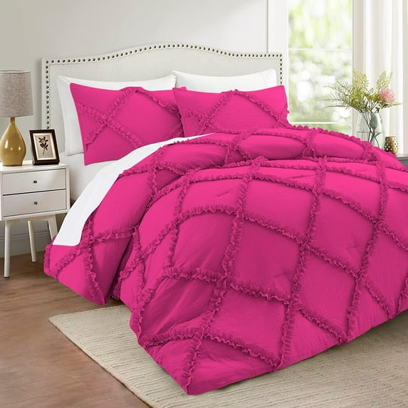 DNG Creations 1 Piece Luxurious Diamond Ruffle Comforter Super Soft, All Season Pintuck 800 Thread Count, 100% Egyptian Cotton, Twin/Twin XL Size Hot Pink Color