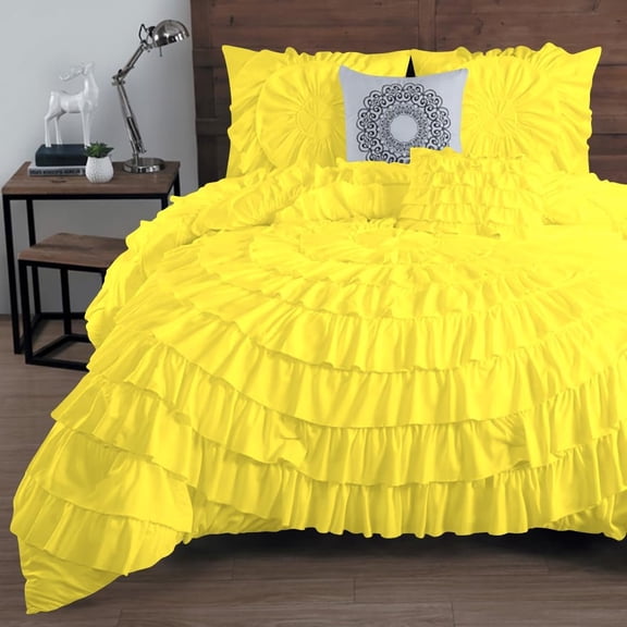 DNG Creations 1 Piece Luxury Circle Ruffle Comforter with 1 Freebie Ruffle Pillow All-season 550 GSM 800TC, 100% Egyptian Cotton ( Oversized Queen Size ) Solid Yellow Colour