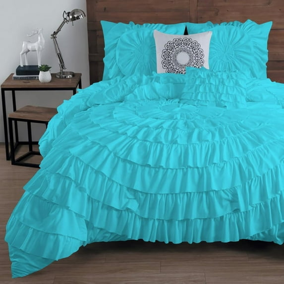 DNG Creations 1 Piece Luxury Circle Ruffle Comforter with 1 Freebie Ruffle Pillow All-season 550 GSM 800TC, 100% Egyptian Cotton ( Oversized Super King Size ) Solid Turquoise Blue Colour