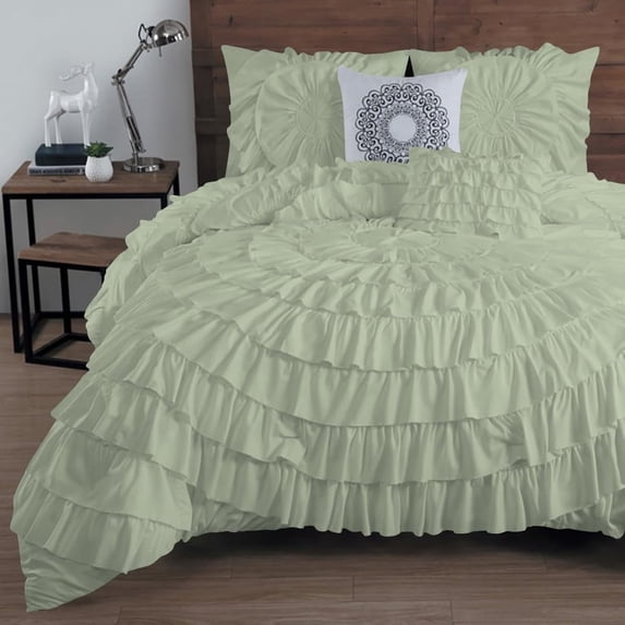 DNG Creations 1 Piece Luxury Circle Ruffle Comforter with 1 Freebie Ruffle Pillow All-season 550 GSM 800TC, 100% Egyptian Cotton ( Twin/Twin XL Size ) Solid Light Sage Colour