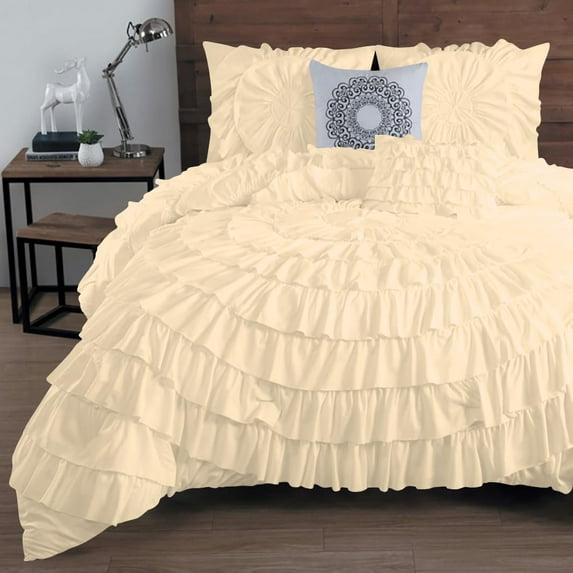DNG Creations 1 Piece Luxury Circle Ruffle Comforter with 1 Freebie Ruffle Pillow All-season 550 GSM 800TC, 100% Egyptian Cotton ( Full/Queen Size ) Solid Ivory Colour