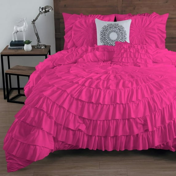 DNG Creations 1 Piece Luxury Circle Ruffle Comforter with 1 Freebie Ruffle Pillow All-season 550 GSM 800TC, 100% Egyptian Cotton ( Oversized Super King Size ) Solid Hot Pink Colour