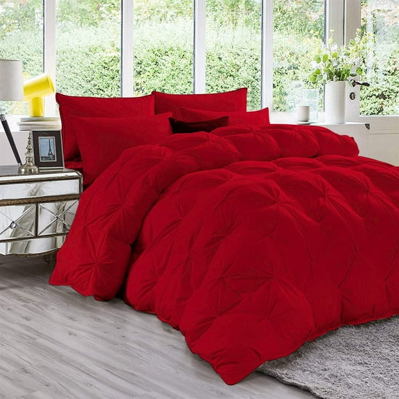 DNG Creations 1 Piece Luxury Pinch Pleated Comforter Premium 800 Thread Count 100% Egyptian Cotton-Oversized King Size, Solid Red Color