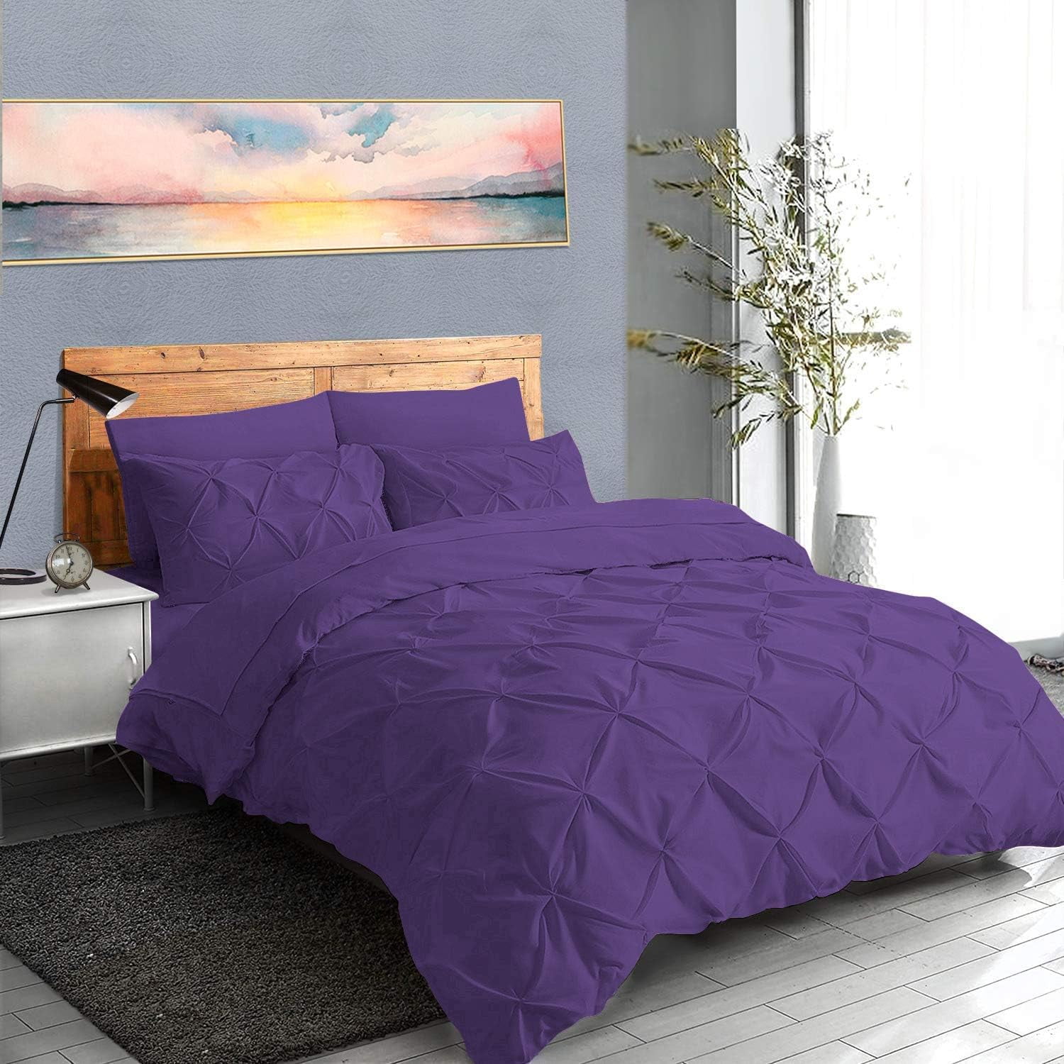 DNG Creations 1 Piece Pinch Pleated Duvet Cover 800 Threads Count, 100% Egyptian Cotton - With Zipper Closure & Corner Ties ( Solid Purple - Oversized Queen )