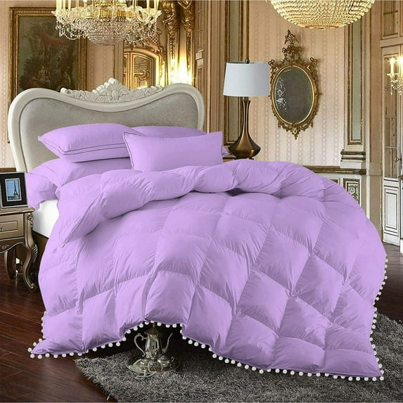 DNG Creations 1 Piece Pom Pom Box Design Comforter 550 GSM All Season White Vintage Pom-Pom Fringe ( Full/Queen Size ) 100% Egyptian Cotton, Solid Lilac Colour