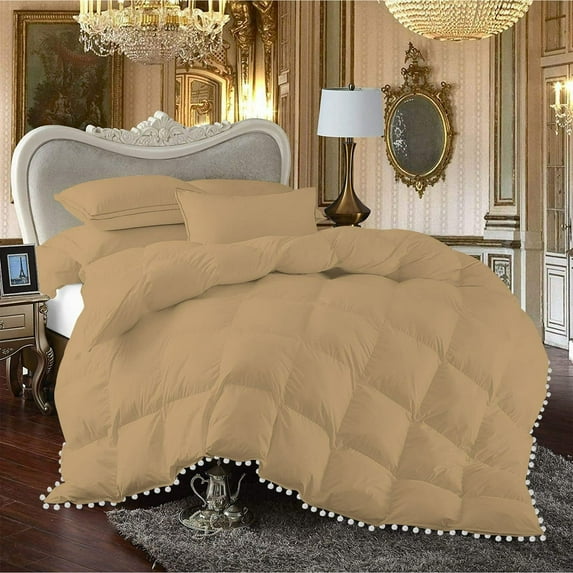 DNG Creations 1 Piece Pom Pom Box Design Comforter 550 GSM All Season White Vintage Pom-Pom Fringe ( Full/Queen Size ) 100% Egyptian Cotton, Solid Taupe Colour