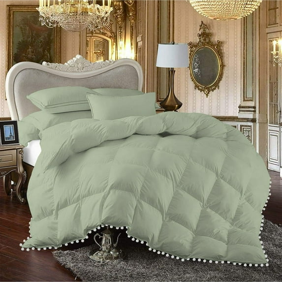 DNG Creations 1 Piece Pom Pom Box Design Comforter 550 GSM All Season White Vintage Pom-Pom Fringe ( King/Cal King Size ) 100% Egyptian Cotton, Solid Navy Blue Colour