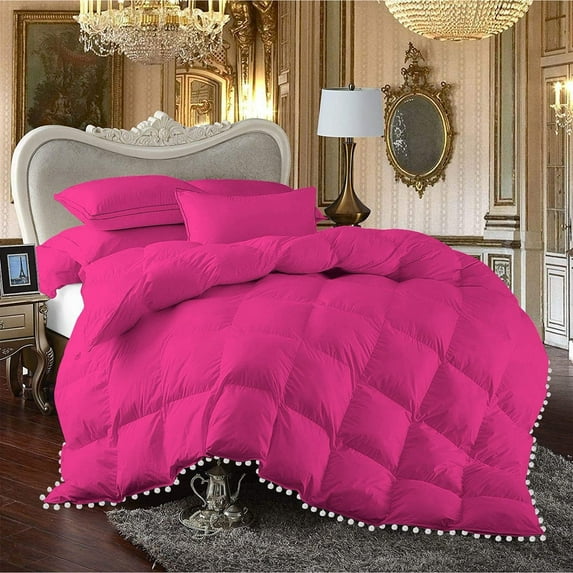 DNG Creations 1 Piece Pom Pom Box Design Comforter 550 GSM All Season White Vintage Pom-Pom Fringe ( Oversized Queen Size ) 100% Egyptian Cotton, Solid Hot Pink Colour