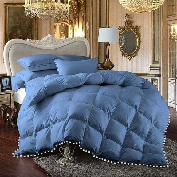 DNG Creations 1 Piece Pom Pom Box Design Comforter 550 GSM All Season White Vintage Pom-Pom Fringe ( Oversized Super King Size ) 100% Egyptian Cotton, Solid Medium Blue Colour